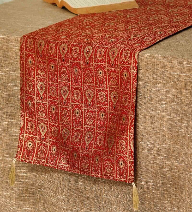 Buy Red Polyester Floral 84x12 Inches Table Runner by Zeba Online