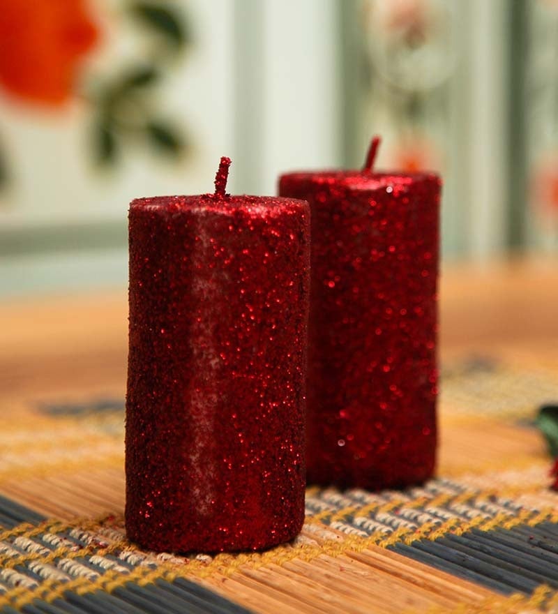 Buy Red Set Of 2 Decorative Pillar Shaped Sparkle Candle Online