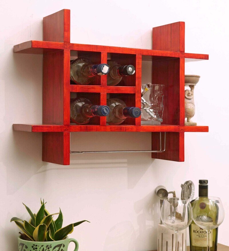 Buy Red Teak Wood Wall Mounted Mini Bar By Katkaria Creations Online