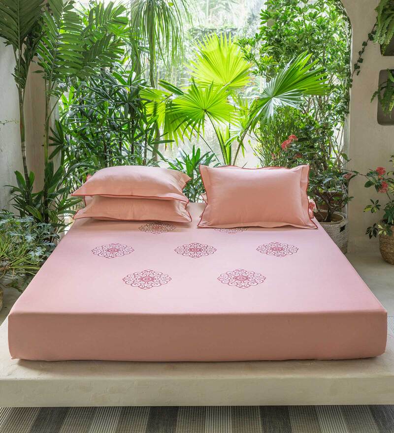 Buy Peach Traditional 210 TC 100 Cotton King Sized Bedsheet With 2