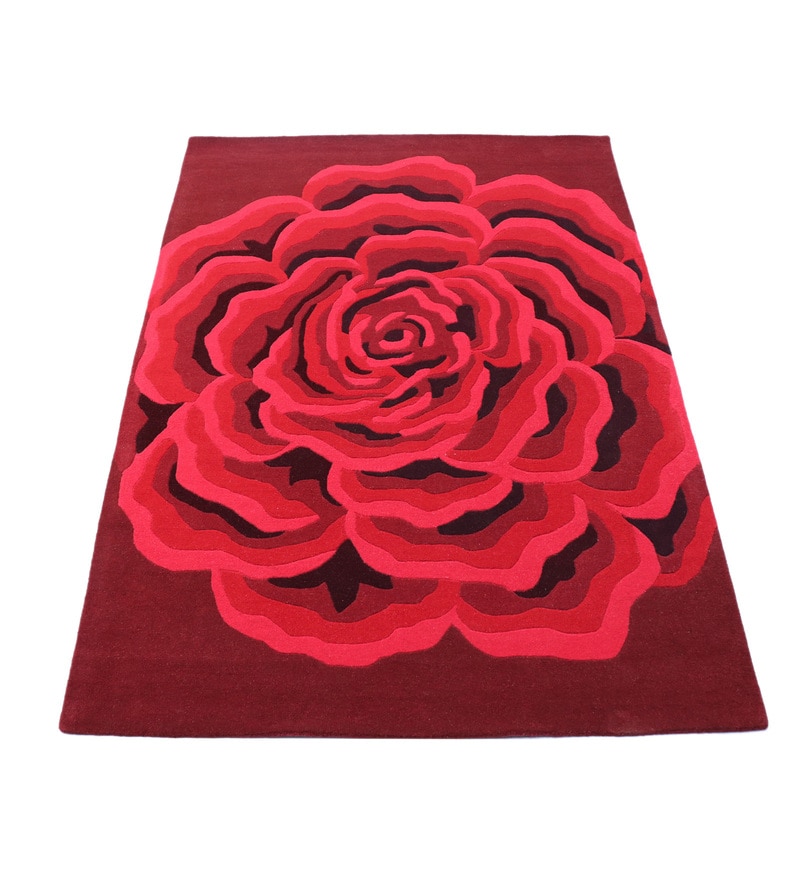 Buy Red Floral Wool 5 ft x 7 ft Hand Tufted Carpet by CARPET IMPEX ...