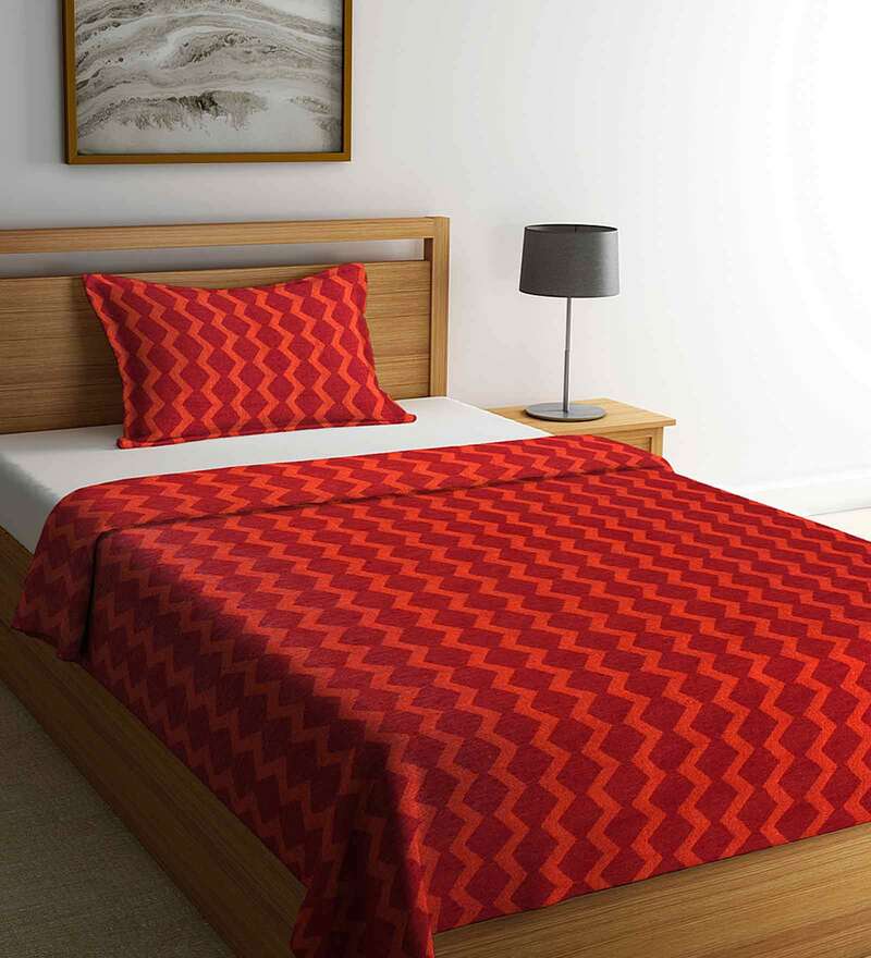 Buy Red Geometric 300 TC Cotton Single Bed Cover with 1 Pillow Cover by
