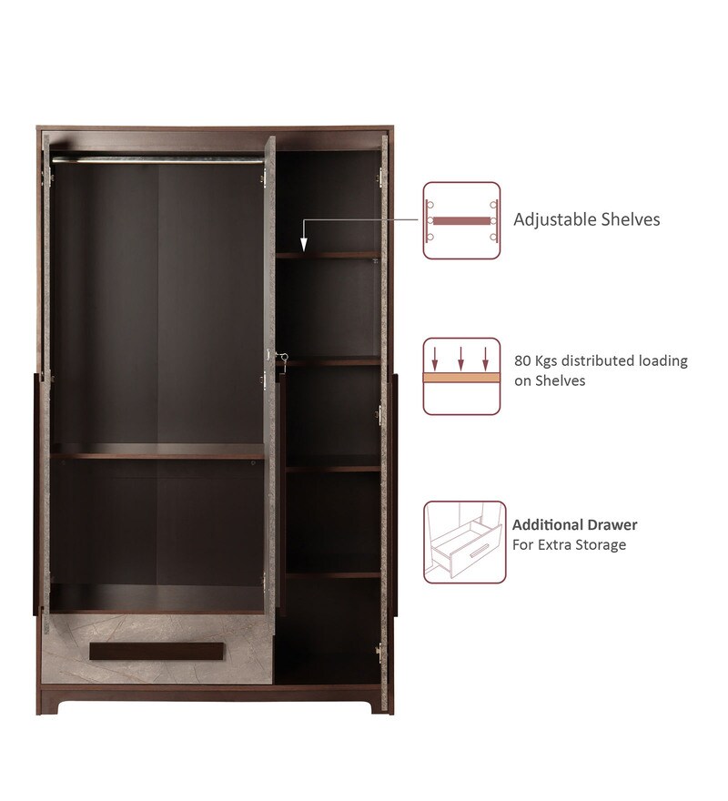 Buy Regal Grand 3 Door Wardrobe in Walnut Marble Finish by Trevi ...