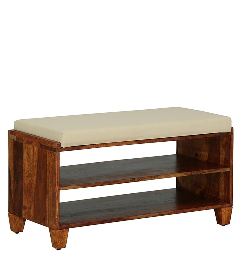 Buy Rezzan Sheesham Wood Shoe Rack With Seating In Honey Oak Finish By
