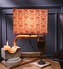 Rectangular E27 Holder Wooden Base Table Lamp (Brown Base) with Fabric Shade (Beige & Red)