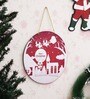Red & White Engineered Wood Santa Claus With Sleigh And Reindeer Printed Door Wall Hanging