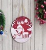 Red & White Engineered Wood Santa Claus With Sleigh And Reindeer Printed Door Wall Hanging