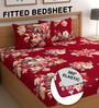 Red 180 TC Floral Cotton Fitted Double Bedsheet 2 Pillow covers