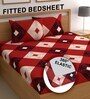 Red 180 TC Geometric Cotton Fitted Double Bedsheet 2 Pillow covers