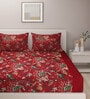 Red 200 TC Floral Print Cotton Fitted Double Bed Sheet with 2 Pillow Cover
