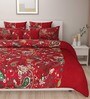 Red 200 TC Floral Print Cotton Fitted Double Bed Sheet with 2 Pillow Cover