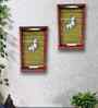 Red Colour Distress Look Sheesham Wood Handcarved Rectangular Set Of 2 Wall Art With Krishna
