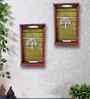 Red Colour Distress Look Sheesham Wood Handcarved Rectangular Set Of 2 Wall Art With Tree