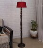 Red Cotton Shade Floor Lamp With Wooden Base