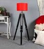 Red Cotton Shade Tripod Floor Lamp With Sheesham Wood Base