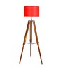 Red Cotton Shade Tripod Floor Lamp With Teak wood Base