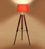 Red Cotton Shade Tripod Floor Lamp With Teak wood Base