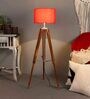 Red Cotton Shade Tripod Floor Lamp With Teak wood Base