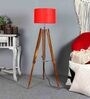 Red Cotton Shade Tripod Floor Lamp With Teak wood Base