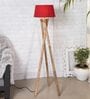 Red Cotton Shade Tripod Floor Lamp With Wooden Base