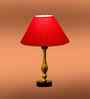 Red Cotton Table Lamp With  Metal & Wood  Base 10X15 Inches