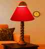 Red Cotton Table Lamp With  Wood  Base 10X19 Inches