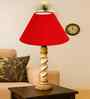 Red Cotton Table Lamp With  Wood  Base 10X19 Inches