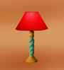 Red Cotton Table Lamp With  Wood  Base 10X19 Inches
