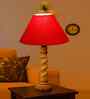 Red Cotton Table Lamp With  Wood  Base 10X19 Inches