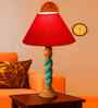Red Cotton Table Lamp With  Wood  Base 10X19 Inches