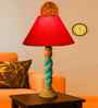 Red Cotton Table Lamp With  Wood  Base 10X19 Inches