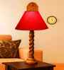 Red Cotton Table Lamp With  Wood  Base 10X19 Inches