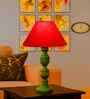 Red Cotton Table Lamp With  Wood  Base 10X19 Inches