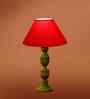 Red Cotton Table Lamp With  Wood  Base 10X19 Inches
