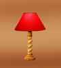 Red Cotton Table Lamp With  Wood  Base 10X19 Inches