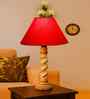 Red Cotton Table Lamp With  Wood  Base 10X19 Inches