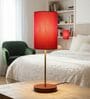 Red Cylinder Fabric Shade Table Lamp, Brown Wooden Base Bedside & Desk Light for Bedroom, Living Room & Home Decor