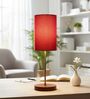 Red Cylinder Fabric Shade Table Lamp, Brown Wooden Base Bedside & Desk Light for Bedroom, Living Room & Home Decor