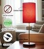 Red Cylinder Fabric Shade Table Lamp, Brown Wooden Base Bedside & Desk Light for Bedroom, Living Room & Home Decor