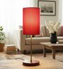 Red Cylinder Fabric Shade Table Lamp, Brown Wooden Base Bedside & Desk Light for Bedroom, Living Room & Home Decor