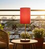 Red Cylinder Fabric Shade Table Lamp, Brown Wooden Base Bedside & Desk Light for Bedroom, Living Room & Home Decor