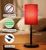 Red Cylinder Fabric Shade Table Lamp, Minimalist Bedside Lamp with Metal Base for Bedroom, Living Room & Study