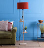 Elegant Red Fabric Shade Shelf Floor Lamp With Wood Base