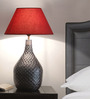 Red Fabric Shade Table Lamp with Copper Base
