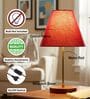 Red Fabric Shade Table Lamp, Brown Wooden Base Bedside & Desk Light for Bedroom, Living Room & Home Decor