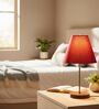 Red Fabric Shade Table Lamp, Brown Wooden Base Bedside & Desk Light for Bedroom, Living Room & Home Decor