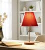 Red Fabric Shade Table Lamp, Brown Wooden Base Bedside & Desk Light for Bedroom, Living Room & Home Decor