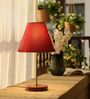 Red Fabric Shade Table Lamp, Brown Wooden Base Bedside & Desk Light for Bedroom, Living Room & Home Decor