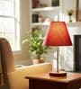 Red Fabric Shade Table Lamp, Brown Wooden Base Bedside & Desk Light for Bedroom, Living Room & Home Decor
