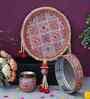 Red Floral Decorative Stainless Steel Karwa Chauth Thali Set with Plate Chalni Lota|Karva Chauth Pooja Thali